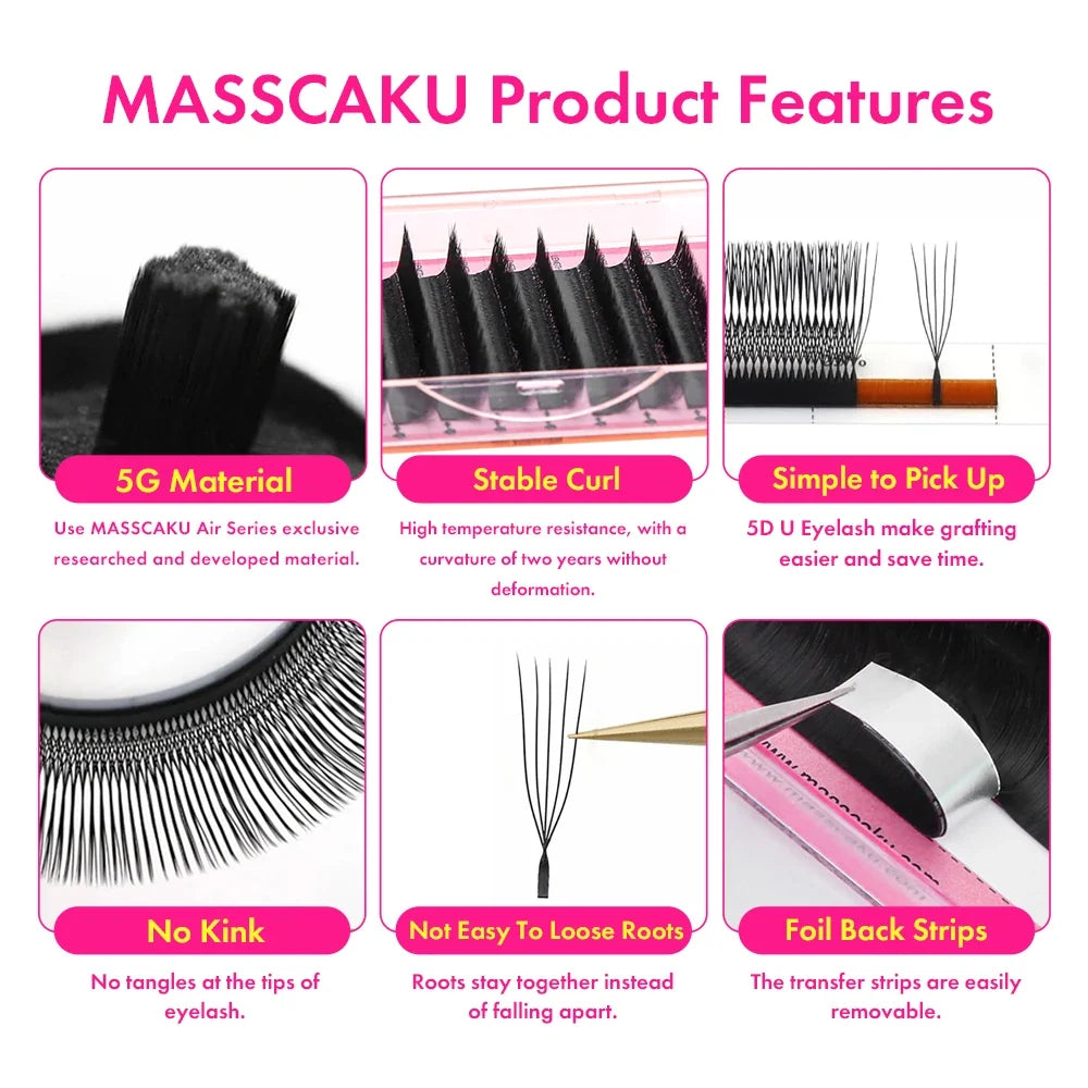 MASSCAKU U-shaped 3D 4D 5D Eyelash Extensions C D Curl U Shaped W Bloom Premade Fans Volume Lashes Natural Mink False Eyelashes