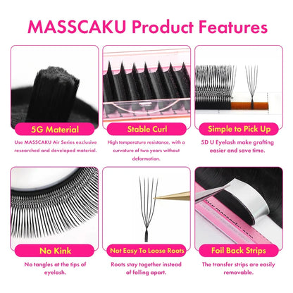 MASSCAKU U-shaped 3D 4D 5D Eyelash Extensions C D Curl U Shaped W Bloom Premade Fans Volume Lashes Natural Mink False Eyelashes