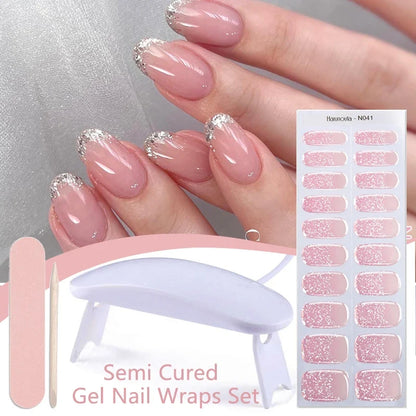 Harunouta 4pcs/set Gradient Jelly Semi Cured Gel Nail Strips with Nail Lamp Nude Pink Waterproof Nail Stickers Long Lasting Wrap