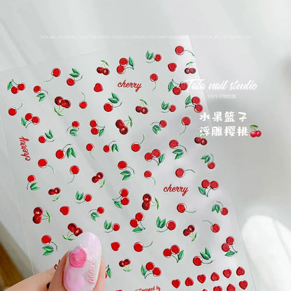 Cute Juicy Red Cherry Bowknot 5D Nail Art Stickers Lovely Shiny Crystal Rhinestone Self Adhesive Decoration Manicure Decal DIY