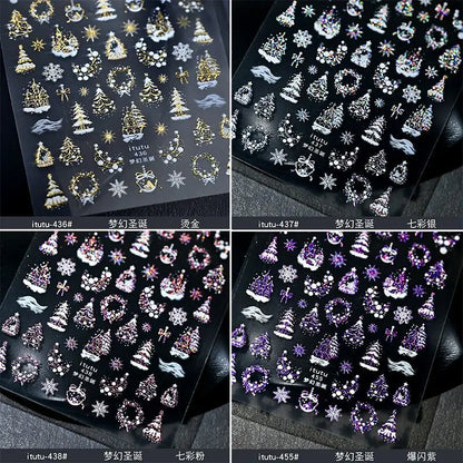 Christmas Nail Stickers Snowflake Nail Art Stickers Metal Silver Self-Adhesive Nail Decals ChristmasTree Winter Manicure Sliders