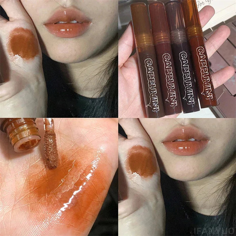 Punk Dark Brown Mirror Water Lip Gloss Red Lip Glaze Transparent Glass Lip Oil Waterproof Liquid Lipstick Clear Tint Makeup