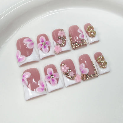 10pcs Ocean Style Fake Nails Duck Bill Press on Nails Set Handmade 3D Flowers Pearl Nail Art Gradient Blush French False Nails