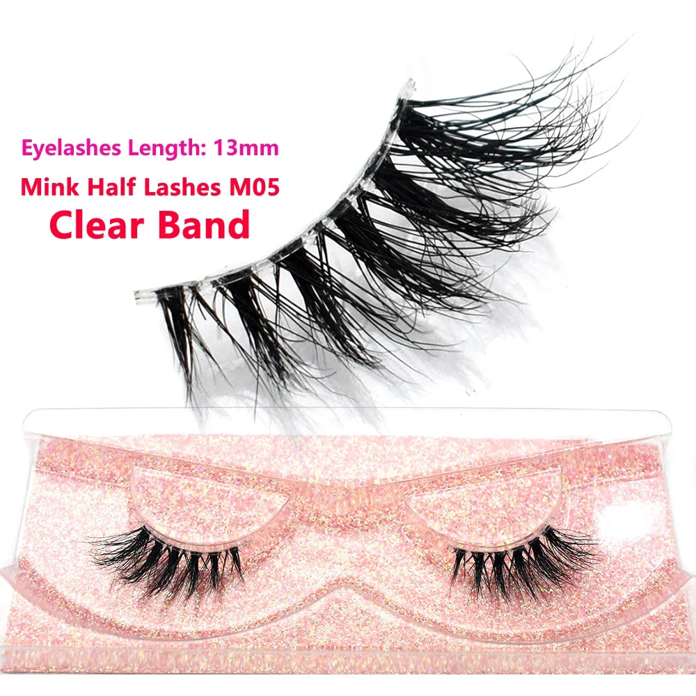 3D Mink Fluffy Half False Eyelashes Natural Soft Lightweight Clear Band Half Eye Strip Lashes Reusable Short Eyelashes Extension