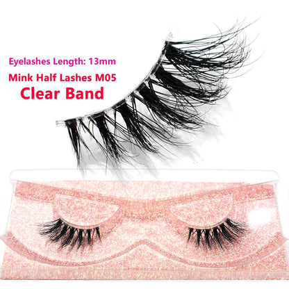 3D Mink Fluffy Half False Eyelashes Natural Soft Lightweight Clear Band Half Eye Strip Lashes Reusable Short Eyelashes Extension