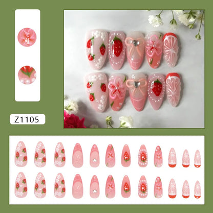 24pcs Flower Print Press on Nails Wine Red Blush Almond False Nail Tips Wearable Reusable Summer Spicy Girl Fake Nails