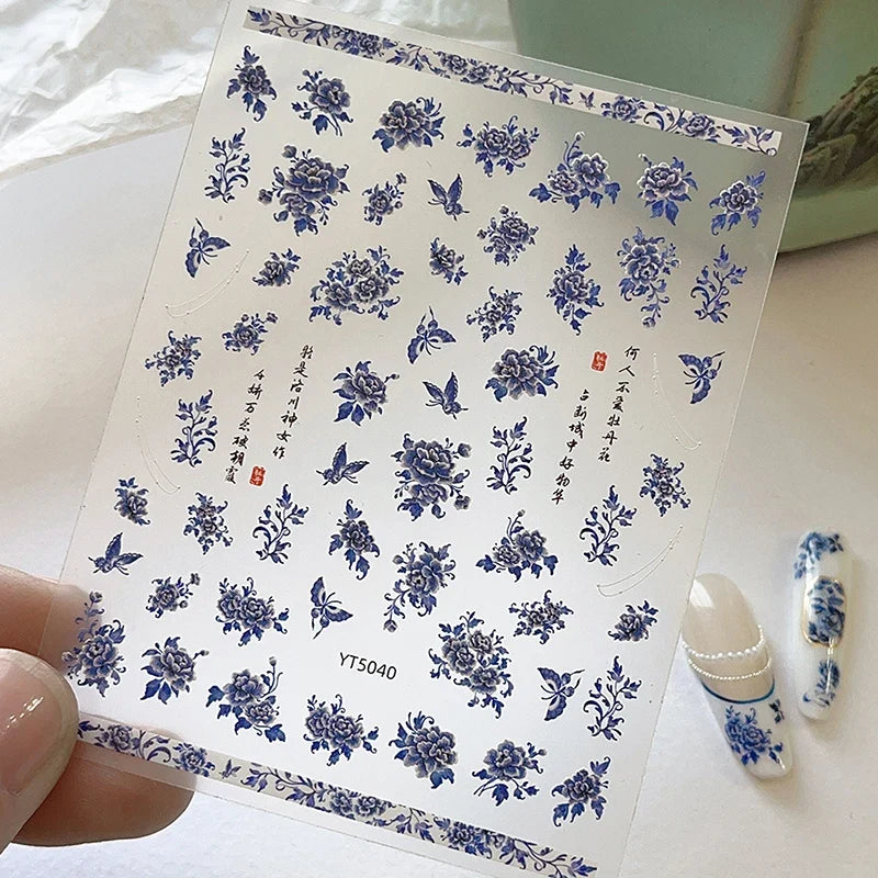 Blue White Porcelain Chinese Style Sticker 3D Self Adhesive Nail Art Sticker Flower Silverback Adhesive Manicure Decal Salon DIY
