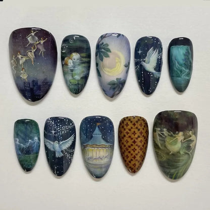 24pcs Gradient Black False Nails Yellow Star Moon Swan Pattern Press On Nails Sweet Cool Bowknots Flower Fake Nail Y2k Manicure