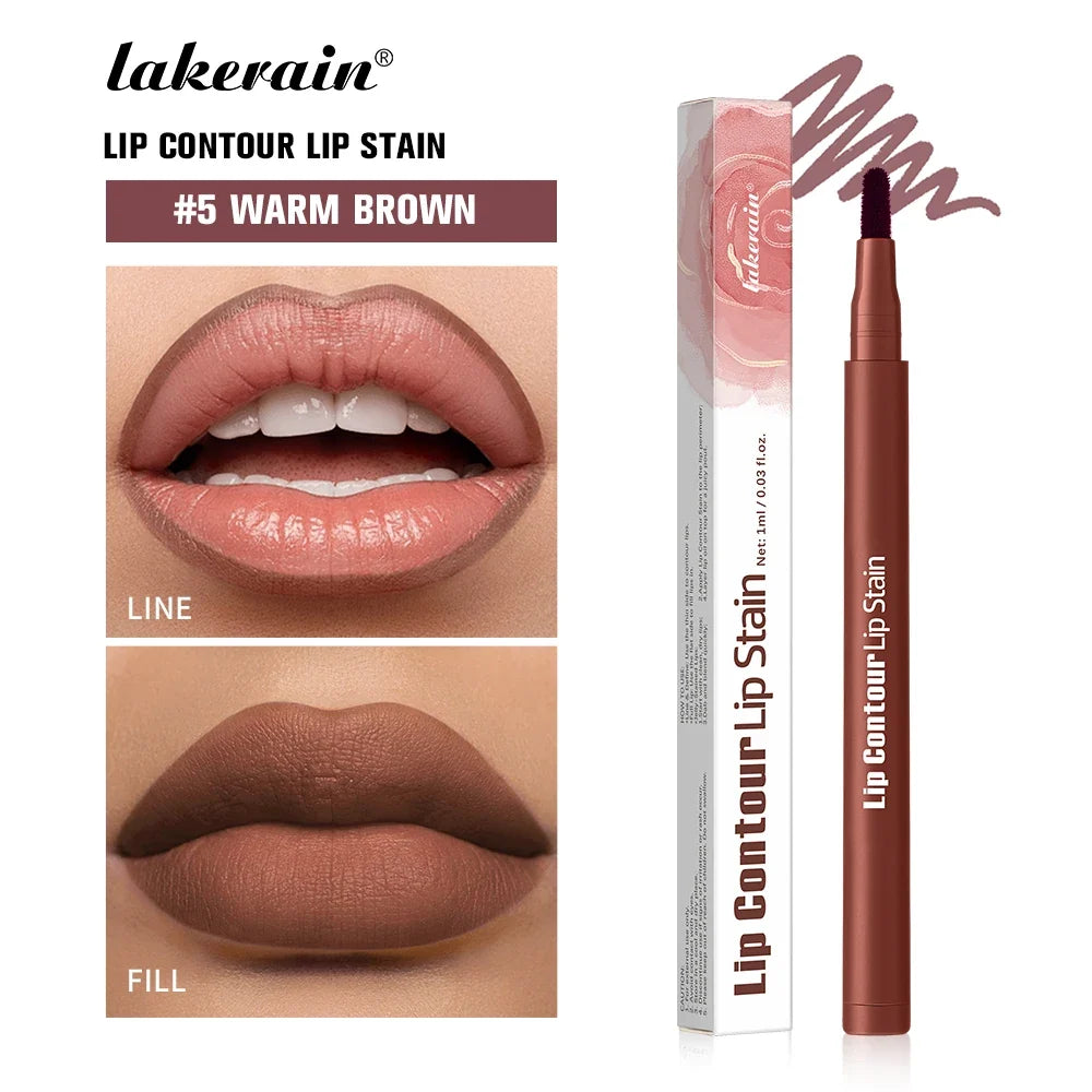 2-in-1 Lip Contour Lip Stain Pen Smudge-proof Non-stick Cup Moisturizing Lip Makeup Cosmetic Dual-Sided Tip Lip Stain & Liner