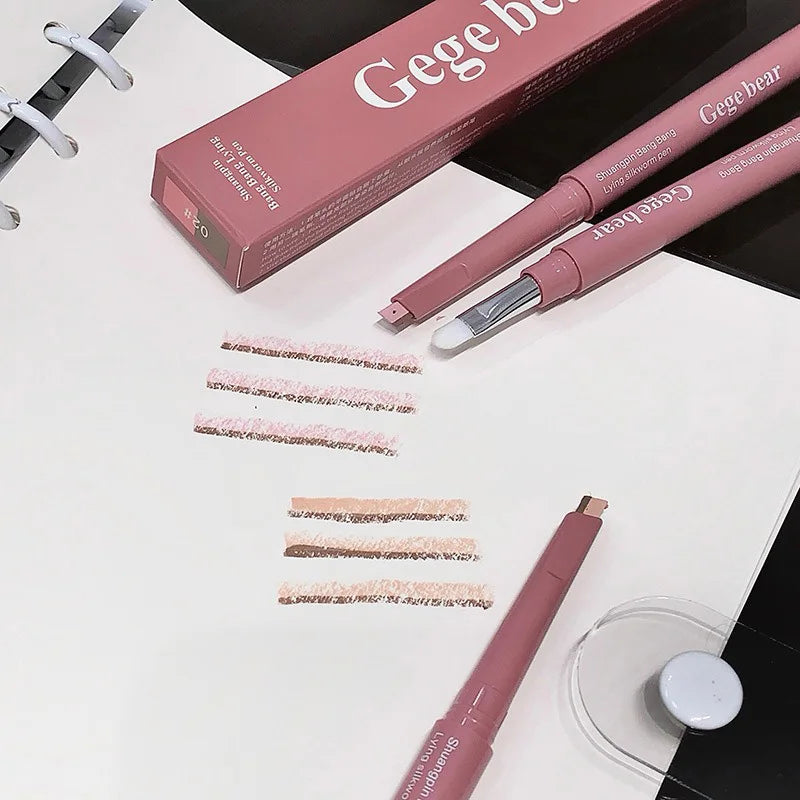Double Ended Lying Silkworm Pencil 2 in1 Highlighter Nude Lower Eyelid Contour Aegyo-sal Eyeliner Makeup Stick with Detail Brush