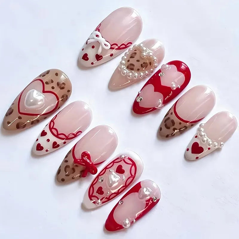 24PCS Wine Red Almond Press on Nails Cartoon Rabbit Bowknot with Plaid Pearl Designs French Fake Nails for Girls Detachable Nail