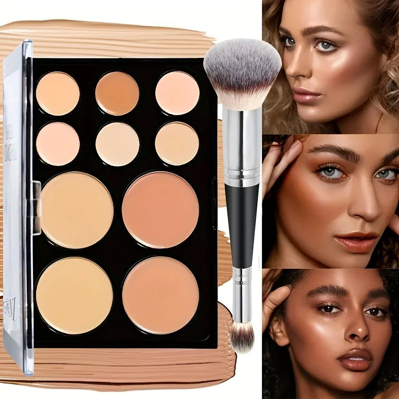 2pcs Concealer Palette with Brush Set, Silky Texture, High-Coverage Concealer Face Contour Palette Set