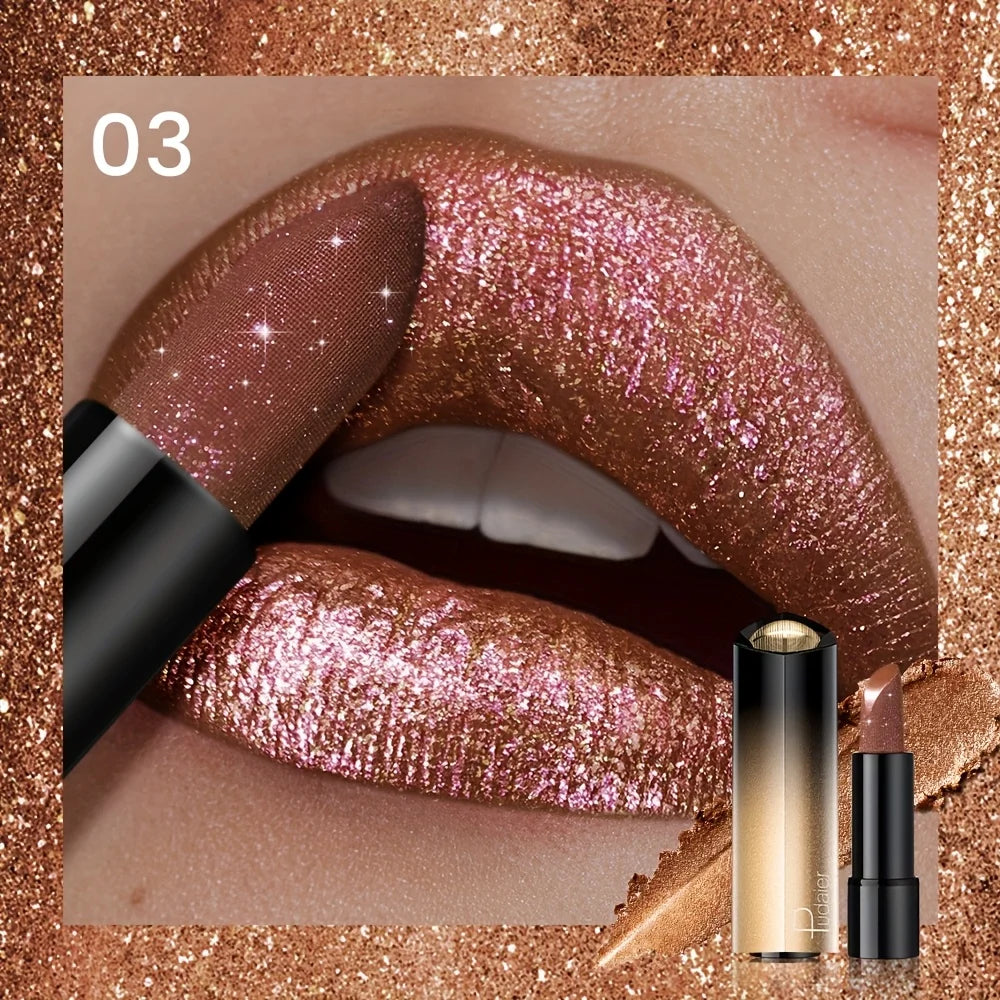 Metallic Shimmer Lipstick, Pearly Glitter Shine, Creamy Texture, High Color Payoff, Smooth Apply, Party Makeup