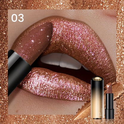 Metallic Shimmer Lipstick, Pearly Glitter Shine, Creamy Texture, High Color Payoff, Smooth Apply, Party Makeup