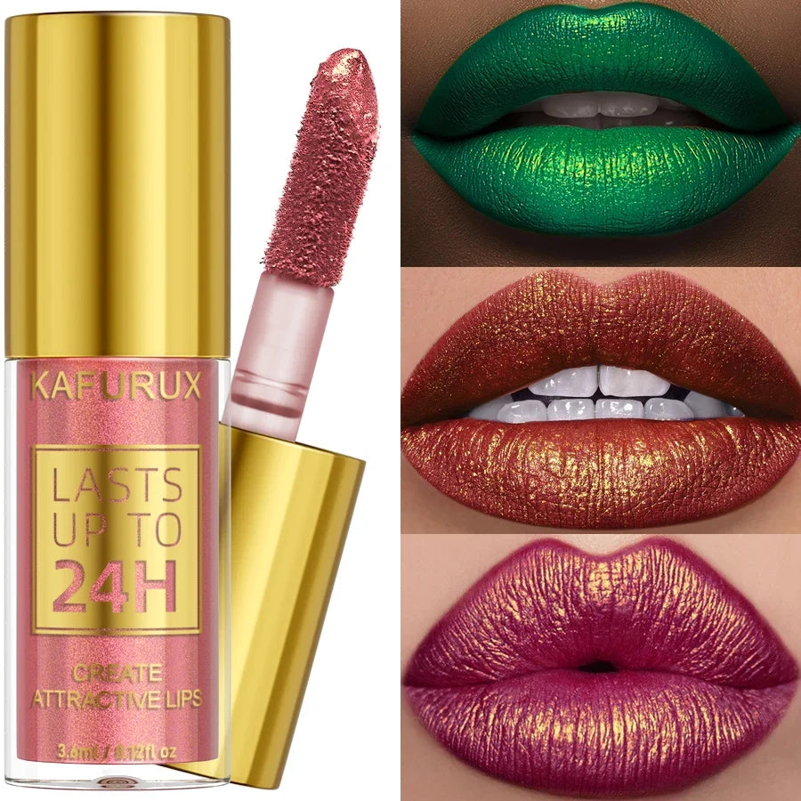 Glitter Shiny Bold& Intense Metallic Lip Glaze Pearlescent Lip Tint, Waterproof Long Lasting Lip Gloss Makeup Matte Lip Gift fo