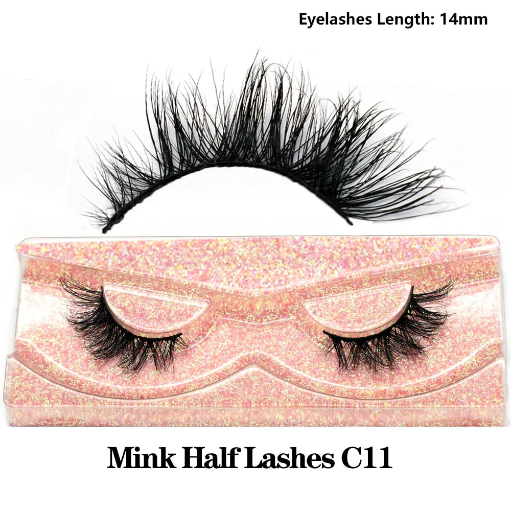 3D Mink Fluffy Half False Eyelashes Natural Soft Lightweight Clear Band Half Eye Strip Lashes Reusable Short Eyelashes Extension