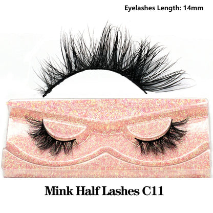 3D Mink Fluffy Half False Eyelashes Natural Soft Lightweight Clear Band Half Eye Strip Lashes Reusable Short Eyelashes Extension