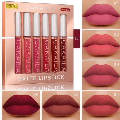 CAKAILA 6-Color Lip Gloss Lipstick Set Liquid Matte Velvet Matte Women's Makeup Long-lasting Waterproof Non-stick Cup Non-fade