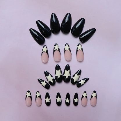 ARTAUG 24PCS Medium Stiletto Pink Black French Tip Press On Nails Star Pattern Glitter Press On Nails