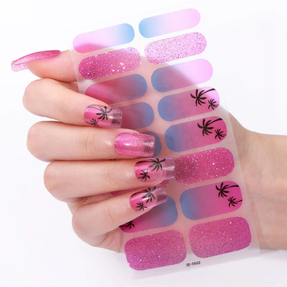16Tips Full Cover Baking-Free Nail Polish Strips Summer Beach Coconut Tree Self-Adhesive DIY Nail Stickers Manicure Decoration