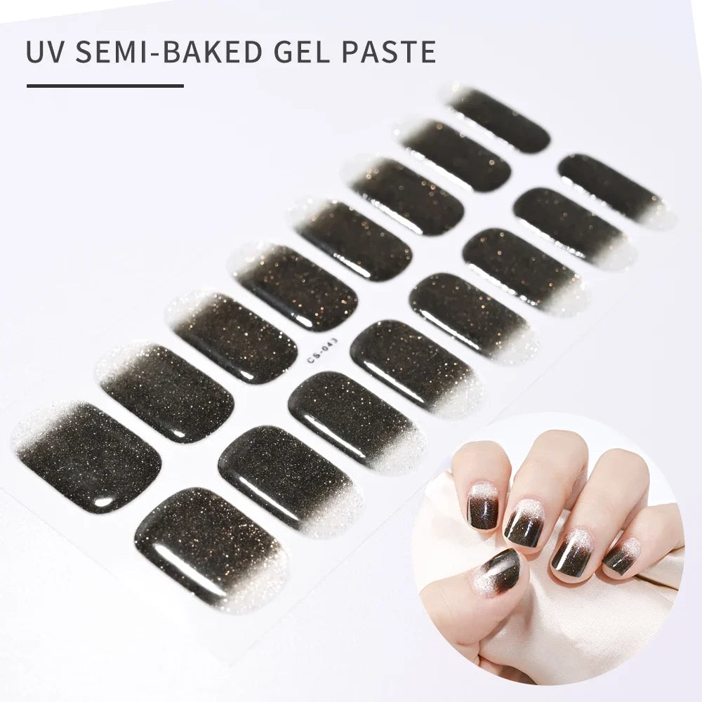 16Tips Glitter Semi-Cured Gel UV Sticker 3D French Gradient Shiny Glitter Powder UV Gel Sticker Full Cover UV Lamp Glitter Decal