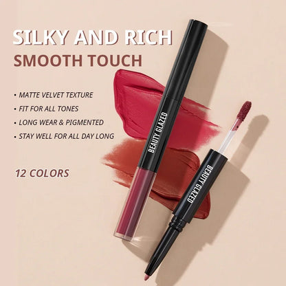 Beauty Glazed 2 In 1 Matte Lipliner Long-Lasting Lipstick Waterproof High Pigment Matte Lip Makeup