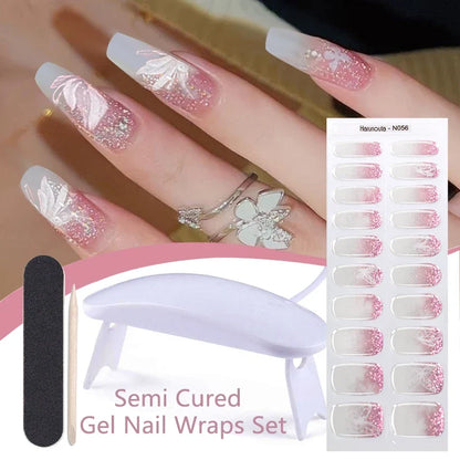 Harunouta 4pcs/set Gradient Jelly Semi Cured Gel Nail Strips with Nail Lamp Nude Pink Waterproof Nail Stickers Long Lasting Wrap