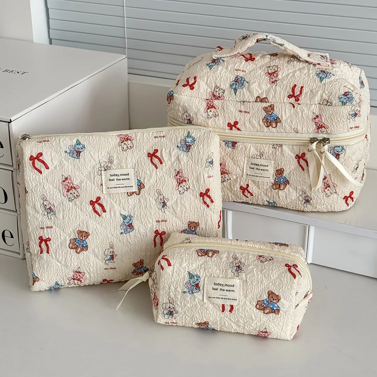 1pcs Cute Quilted Cotton Makeup Bag Women Zipper Cosmetic Organizer Cloth Handbag Box Shape Portable Toiletry Case for Girls