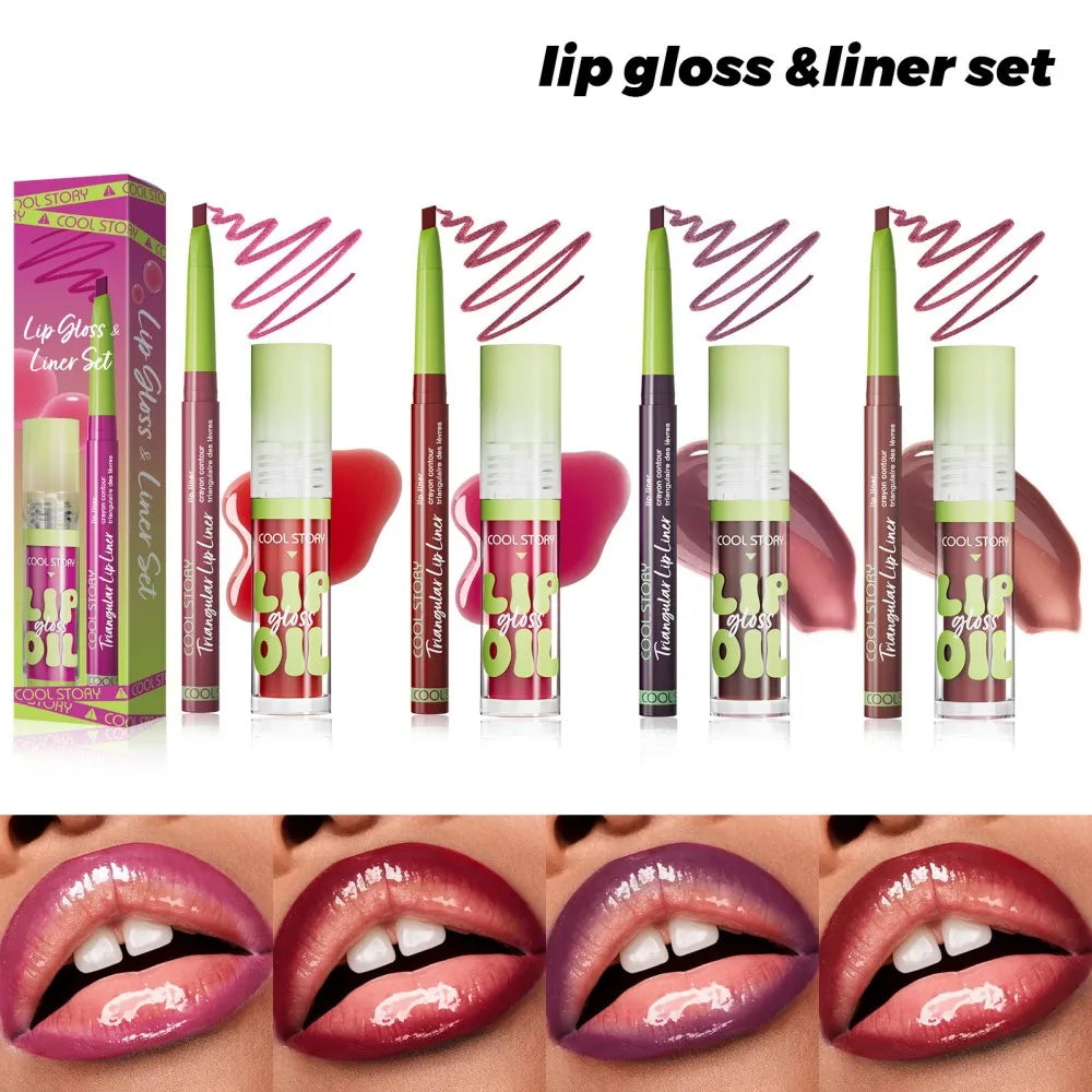 3 Pcs Lip Liner and Gloss Set 2 in 1 Lipstick with Dual-Ended and Smooth Buildable Lip Gloss for Women Lip Combo Makeup