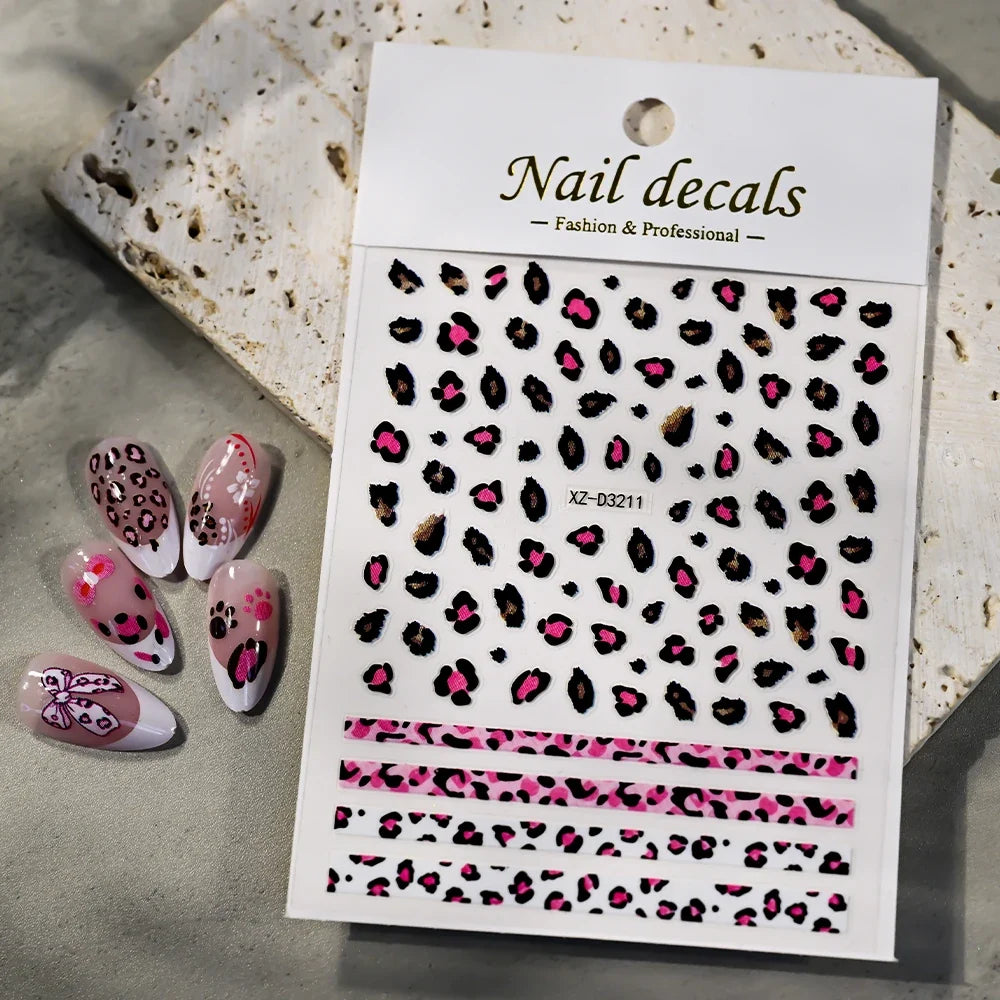 5D Pink Leopard Print Nail Art Stickers 8x10cm Pink/Black/Brown Leopard Nail Decal DIY Manicure Adhesived Leopard Slider