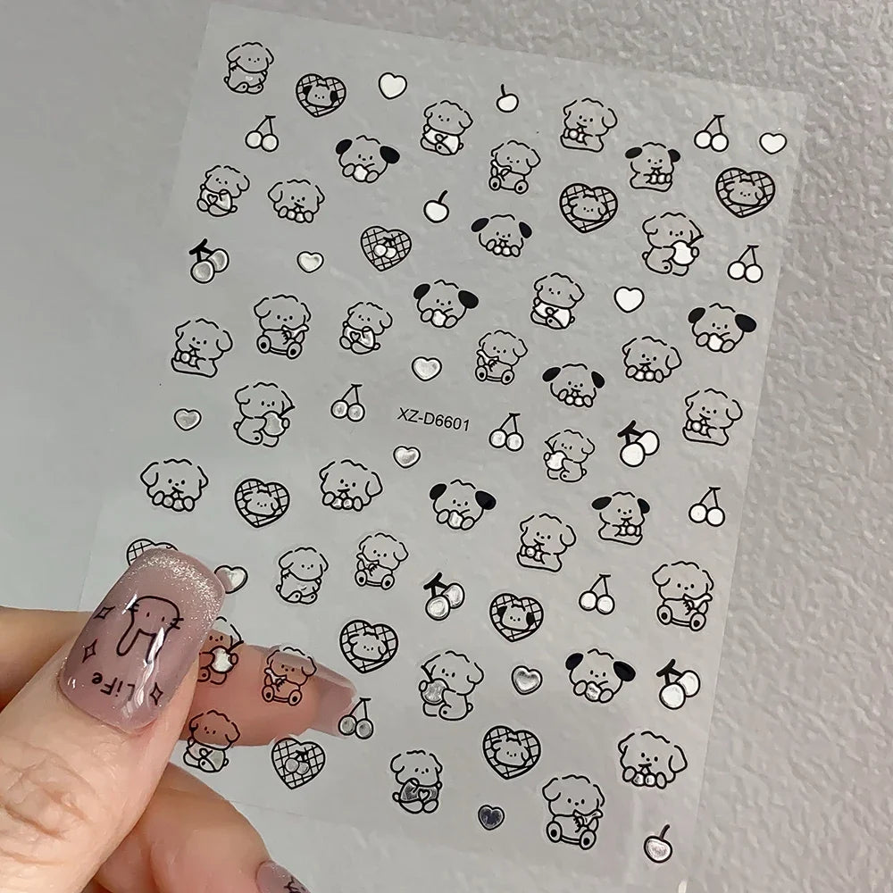 12pcs/set Cute Cartoon Dog/Cat Nail Art Stickers 3D Graffiti Black Cat Dog  Nail Decals 8*10cm Self-Adhesive Cartoon Nail Art Su