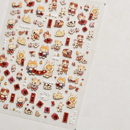 Lovely Animal Graffiti Cat Claw Rabbit Bunny Bear Dog Flower Fruit Dim Sum Candy Sunflower Adhesive 5D Nail Art Stickers Decal