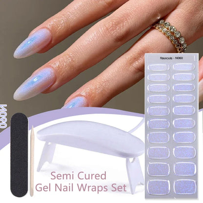 Harunouta 4pcs/set Gradient Jelly Semi Cured Gel Nail Strips with Nail Lamp Nude Pink Waterproof Nail Stickers Long Lasting Wrap