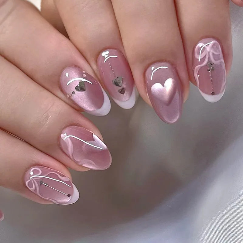 24pcs Glossy Red Cat's Eye Press On Nails Full Cover Nude Color Wearable Almond False Nails Charms Detachable Fake Nail For Girl