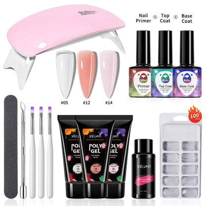 3pcs 15ml Poly Nail Gel Full Set For Extention Gel Polish Steal Push, Base And Top Coat, Cleaning Water And Nail Mold Kit Set