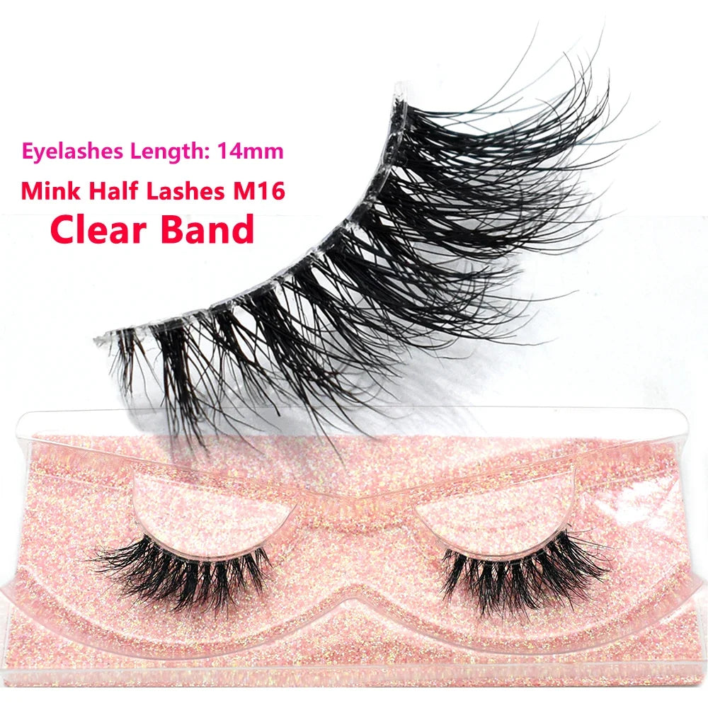 3D Mink Fluffy Half False Eyelashes Natural Soft Lightweight Clear Band Half Eye Strip Lashes Reusable Short Eyelashes Extension
