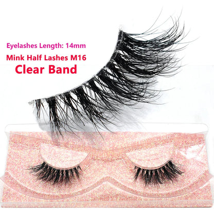 3D Mink Fluffy Half False Eyelashes Natural Soft Lightweight Clear Band Half Eye Strip Lashes Reusable Short Eyelashes Extension