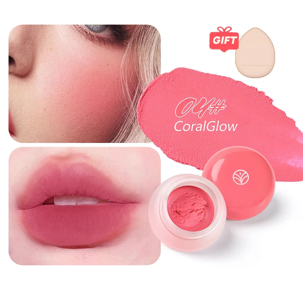 6 color optional Mousse texture powder blusher cream delicate, and has a lasting matte velvet rouge. gift A finger powder puff