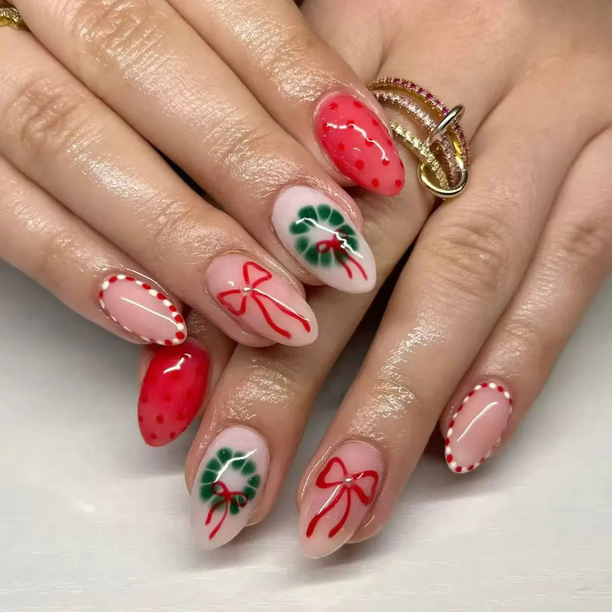 24PCS Wine Red Almond Press on Nails Cartoon Rabbit Bowknot with Plaid Pearl Designs French Fake Nails for Girls Detachable Nail