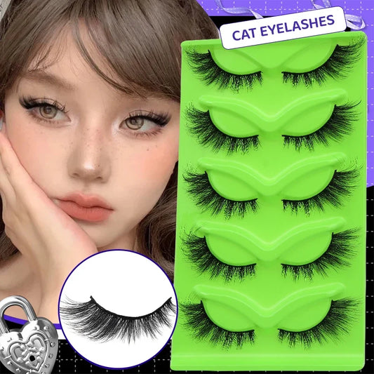 DINGSEN 5 Pairs Cat Eyelashes Fluffy Cat Lashes Fake Eyelash Wispy Natural Look long Mink Eyelashes Strip Lashes Cat Eye Lashes