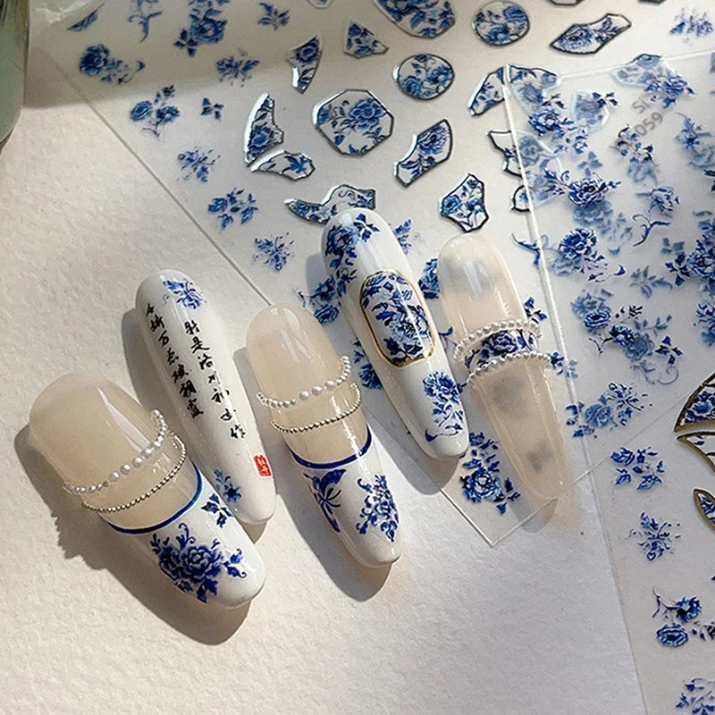 Blue White Porcelain Chinese Style Sticker 3D Self Adhesive Nail Art Sticker Flower Silverback Adhesive Manicure Decal Salon DIY