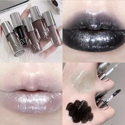 Black Rabbit Gothic Silver Metallic Lip Gloss Black Mirror Light Translucent Lip Lacquer Non-Sticky Water Gloss Lips Tint Makeup