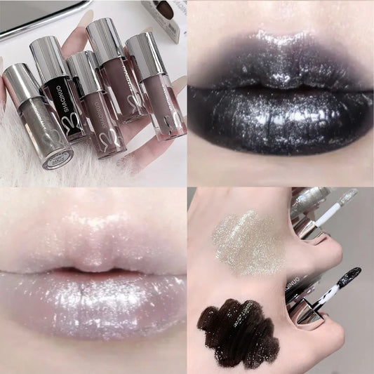 Black Rabbit Gothic Silver Metallic Lip Gloss Black Mirror Light Translucent Lip Lacquer Non-Sticky Water Gloss Lips Tint Makeup