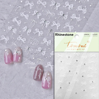 French Leopard Print Bowknot Lace Ribbon Rhinestone Pearl Bow Tie Simple White Black Nail Art Stickers Decoration Manicure Decal