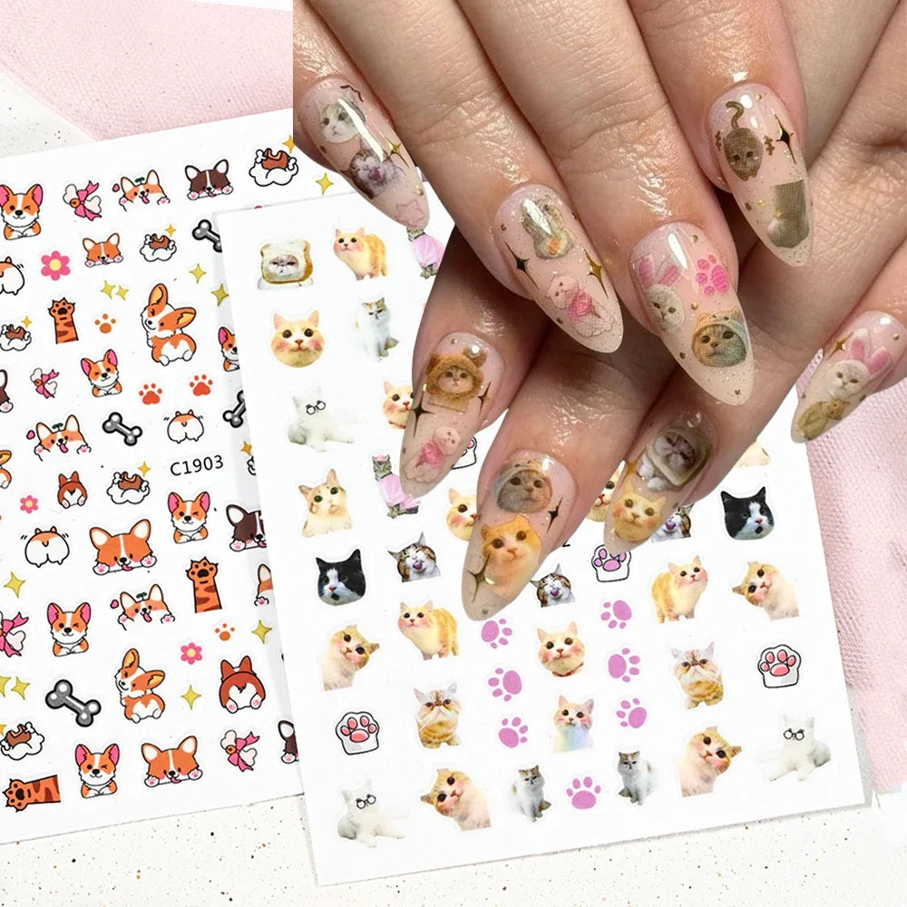 Lovely Cat Nail Decals 3D Animal Cartoon Dog Scrawl Relief Self Adhesive Nail Art Stickers Cute Puppy Kitty Y2K Nails Decoration