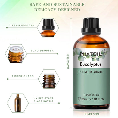 PHATOIL 1PCS Aromatherapy Essential Oil 30ml Lemon Eucalyptus Lavender Bergamot Jasmine Juniper Rose Vanilla Aroma Essential Oil