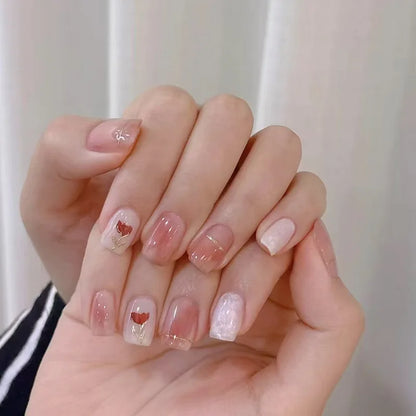 24Pcs Pink Cat Blue Love Cute Short Ballet Press on False Nails Sweet French Cat Eye Bow Star Designs Style Detachable Nails Set