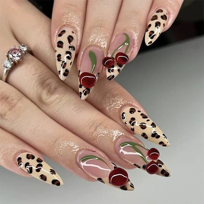 3D Bowknot Pearl Wearable Nail Art Fashion Leopard French Nude Almond Fake Nails Detachable Finished False Nails Press on Nails