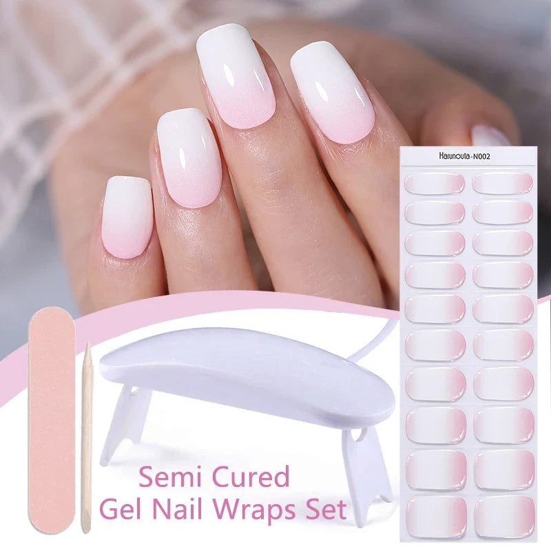 Harunouta 4pcs/set Gradient Jelly Semi Cured Gel Nail Strips with Nail Lamp Nude Pink Waterproof Nail Stickers Long Lasting Wrap