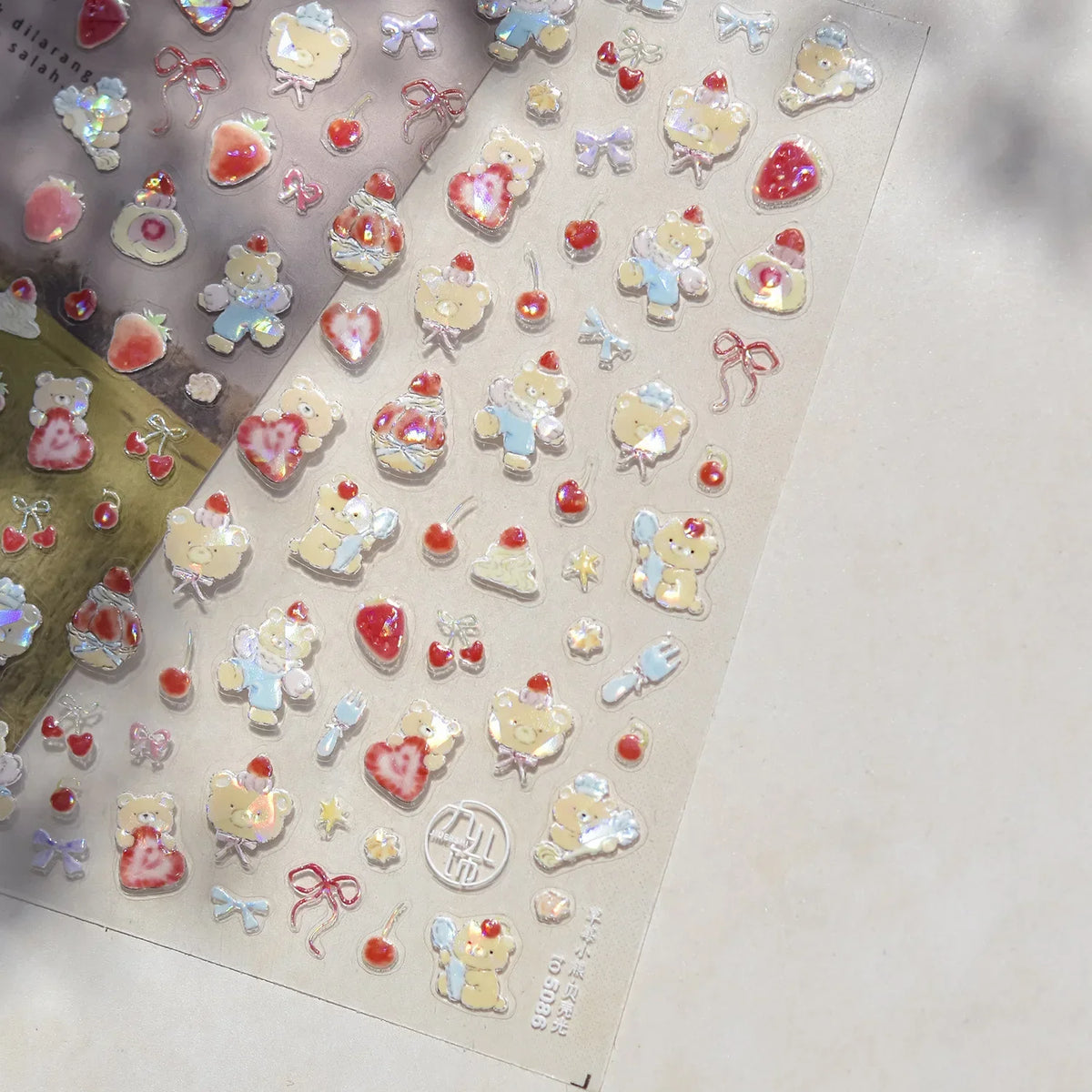 Cute Juicy Red Cherry Bowknot 5D Nail Art Stickers Lovely Shiny Crystal Rhinestone Self Adhesive Decoration Manicure Decal DIY
